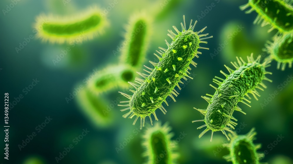 Rod-shaped bacteria are floating in a green environment, possibly indicating a microbial ecosystem Rod-shaped bacteria are floating in a green environment, possibly indicating a microbial ecosystem