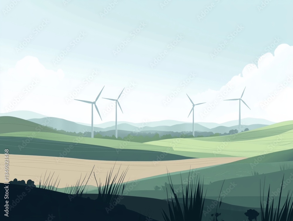 Scenic landscape with wind turbines and distant mountains. Scenic landscape with wind turbines and distant mountains.