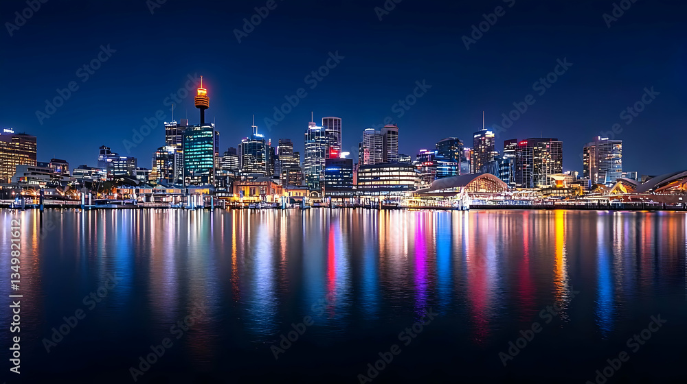 Fototapeta premium Pixelated Night City Skyline Reflection