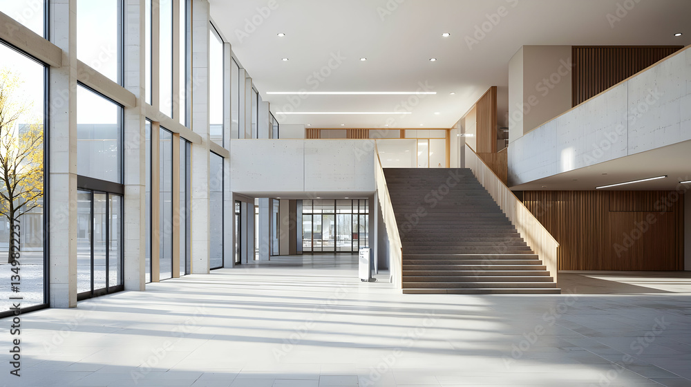 Obraz premium Modern Architecture Interior With Staircase Wooden Panels And Large Windows In Bright Daylight