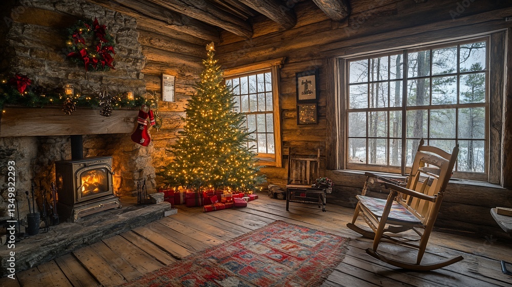 Christmas tree glows warmly in rustic cabin living room near fireplace & window Christmas tree glows warmly in rustic cabin living room near fireplace & window