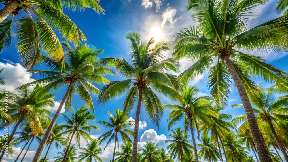 Fototapeta premium Tropical Palm Trees Under a Clear Blue Sky. Green Palm Trees Against Bright Blue Sky. Summer Vibes.