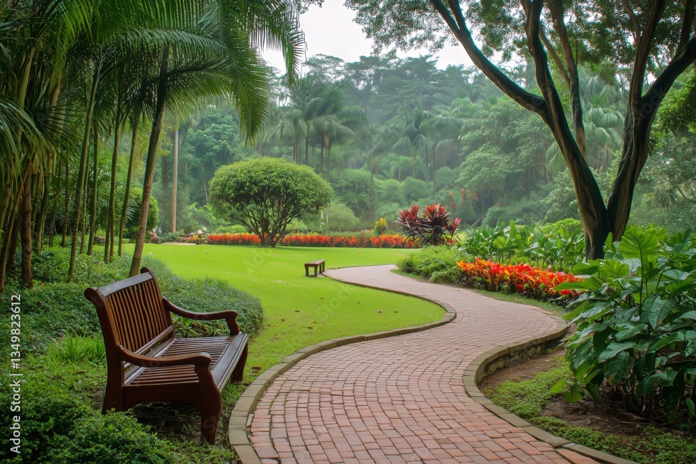 Peaceful Garden Path Surrounded by Lush Greenery and Vibrant Flowers in a Serene Landscape Peaceful Garden Path Surrounded by Lush Greenery and Vibrant Flowers in a Serene Landscape