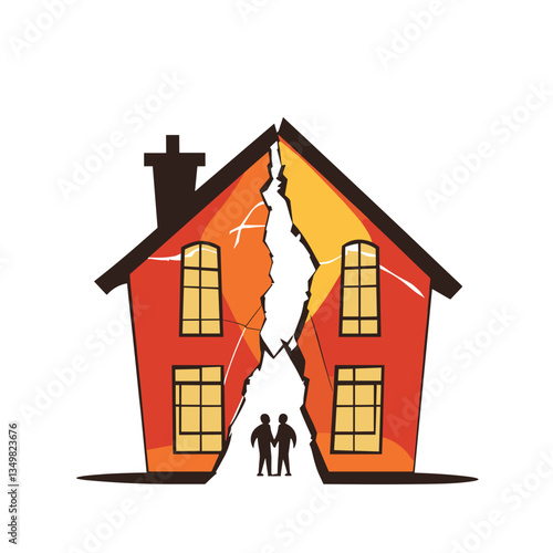 Family conflicts symbolized by a broken house with separated figures

