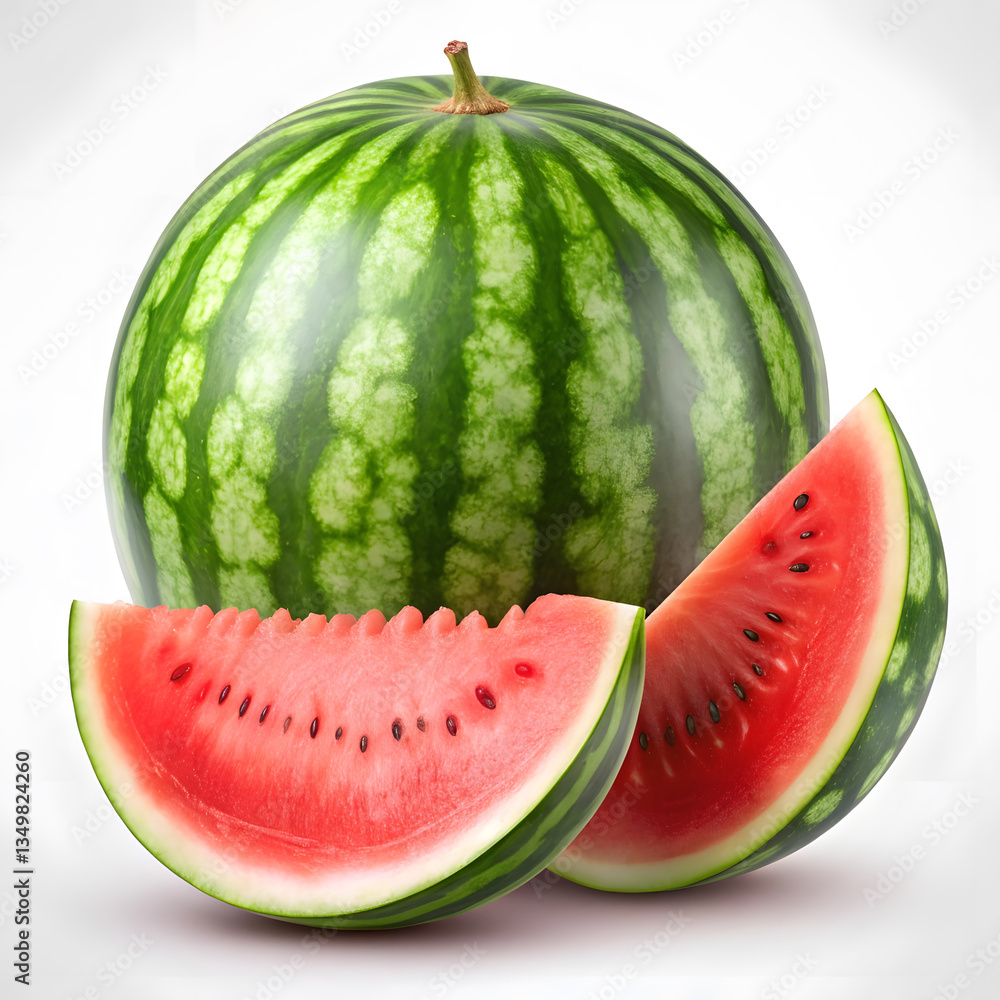 Watermelon with a Slice Cut Out. Watermelon with a Sliced Piece. Watermelon Slice on White Background. Watermelon with a Slice Cut Out. Watermelon with a Sliced Piece. Watermelon Slice on White Background.