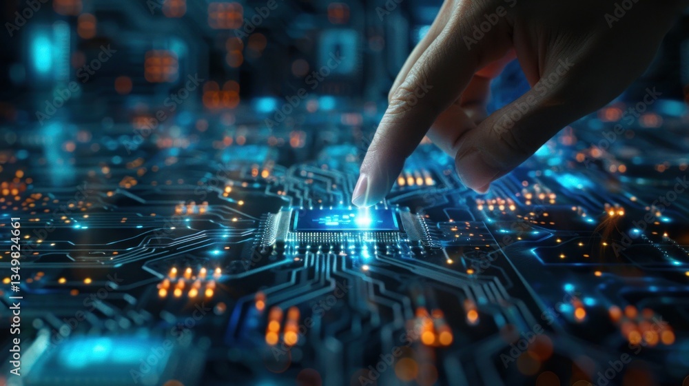 Obraz premium Hand touch a circuit board CPU processor microchip technology. Generated AI image