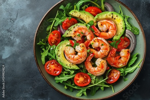 Fresh Shrimp Salad With Avocado and Cherry Tomatoes on a Dark Plate