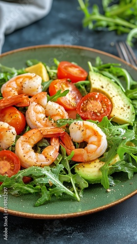 Fresh Salad With Shrimp, Avocado, and Cherry Tomatoes on a Green Plate