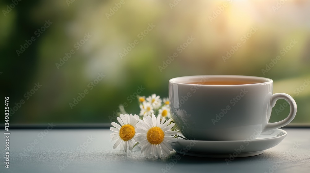 relaxing tea time, relaxing with chamomile tea, fresh flowers, and summer sunshine in a cozy atmosphere relaxing tea time, relaxing with chamomile tea, fresh flowers, and summer sunshine in a cozy atmosphere