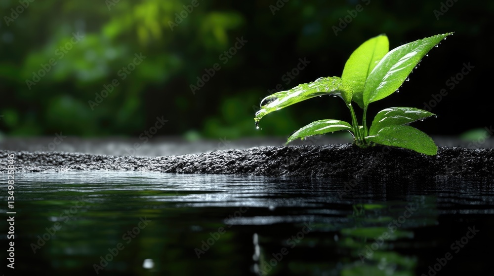 Fresh sprout emerging from dark soil near water Fresh sprout emerging from dark soil near water