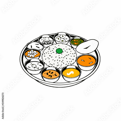 black outline vector of a traditional Indian thali with multiple small bowls of curry, rice, and roti