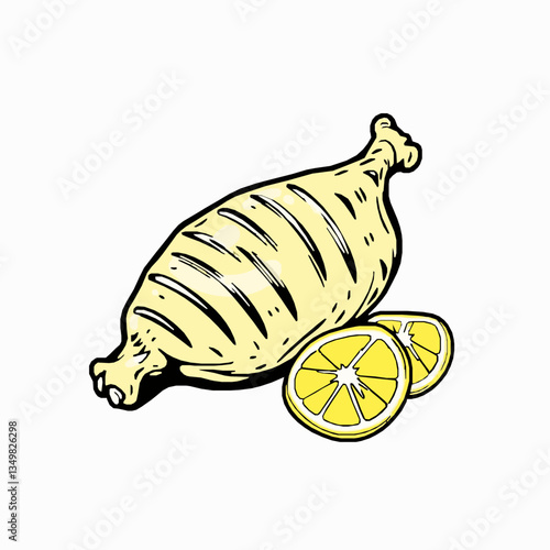 black outline vector of a tandoori chicken leg with grill marks and garnished with lemon wedges