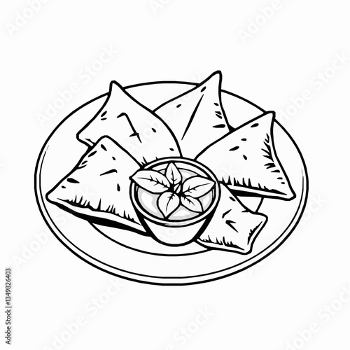 black outline vector of a plate of samosas with mint chutney