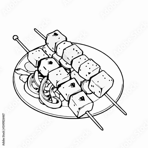  black outline vector of a plate of paneer tikka skewers with grilled capsicum and onion