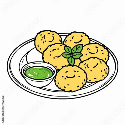 black outline vector of a plate of pakoras with a side of mint chutney