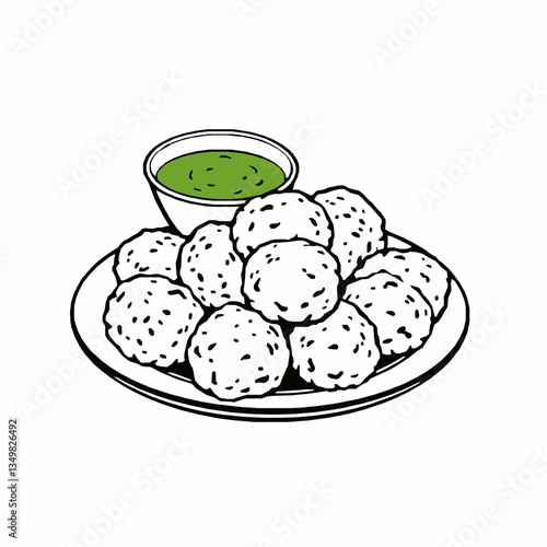 black outline vector of a plate of pakoras served with spicy green chutney