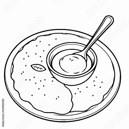 black outline vector of a plate of pakhala bhata with a bowl of curd