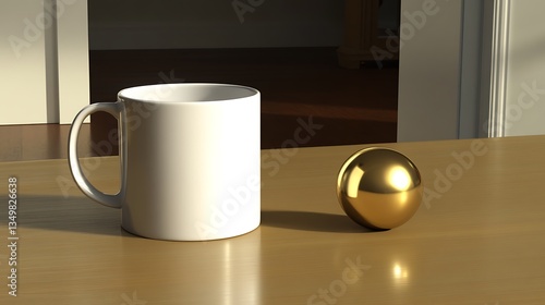 Wallpaper Mural Empty white mug and gold sphere on a wooden table Torontodigital.ca