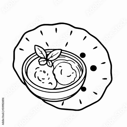black outline vector of a dosa with a bowl of coconut chutney and sambar