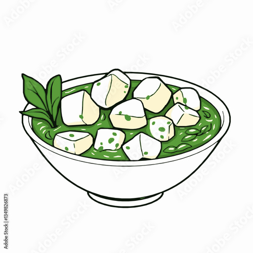 black outline vector of a bowl of palak paneer with cubes of paneer in green spinach gravy