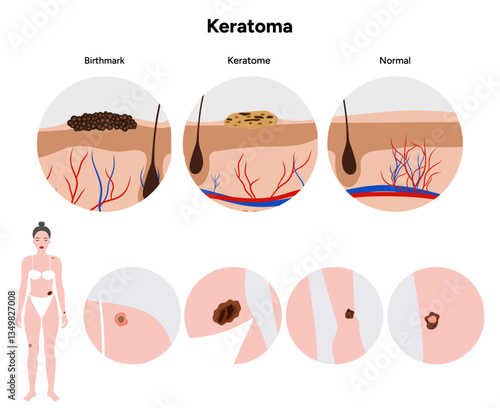 Human keratome and birthmark skin disease microbiology. Medical screening illustration in zoom