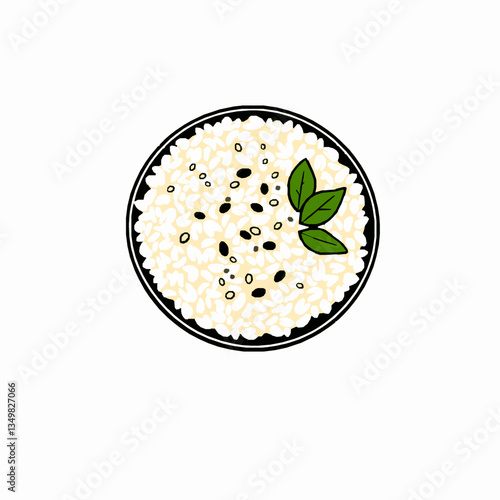 black outline vector of a bowl of curd rice garnished with mustard seeds and curry leaves