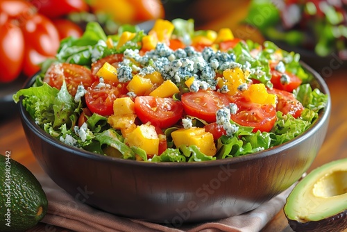 Fresh Garden Salad With Colorful Ingredients and Ripe Avocados on a Wooden Table