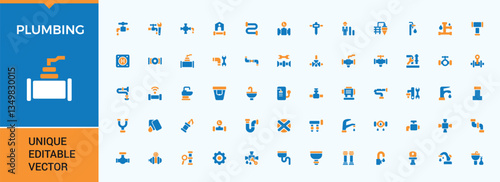Plumbing colorful vector icon set. Contain filled sign equipment, pipe, bathroom, tool, construction and more. Flat filled icons pack. Bath vector solid icon set. Vector artwork and illustration.