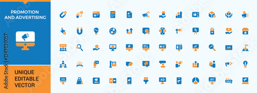 Promotion colorful icon set. Contains related to social media marketing, commerce, shop, market, advertising campaign, business and more. Flat filled icons pack. Brand Promotion icon set.
