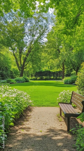 Lush Green Park With a Bench Surrounded by Blooming Flowers in Bright Daylight
