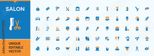 Salon colorful modern icon set. It contains symbols to barber, barbershop, grooming, barbers and more. Expanded stroke icons. Hair related icon. Signs for web and mobile app.