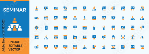 Seminar colorful icon set. Pack of discuss, conference, class, meeting, collaboration, discussion and more. Minimal flat solid web icons set. Classroom icon pack. Editable vector art.