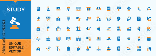 Study colorful icon set. Contains filled symbols like student, e-learning, book, university and more. Perfect for logos and infographic. Degree icon set. Vector collection.