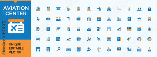 Airport colorful filled icon collection. Featuring airplane, ticket, travel, air, plane and more. Modern flat solid style icons. Aviation icon set. Editable vector. Pixel perfect.