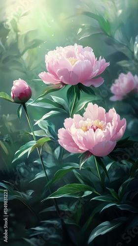 Beautiful Pink Peonies Blooming in a Lush Garden During a Sunny Afternoon in ...