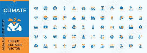 Climate colorful solid icon set. Featuring green, pollution, environment, eco, earth and more. Modern vector illustration. Ecology solid icon. Vector collection.
