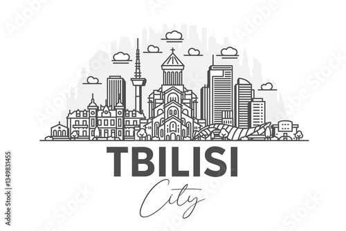 Tbilisi, Georgia architecture line skyline illustration with shadows. Linear vector cityscape with famous landmarks, city sights, design icons.