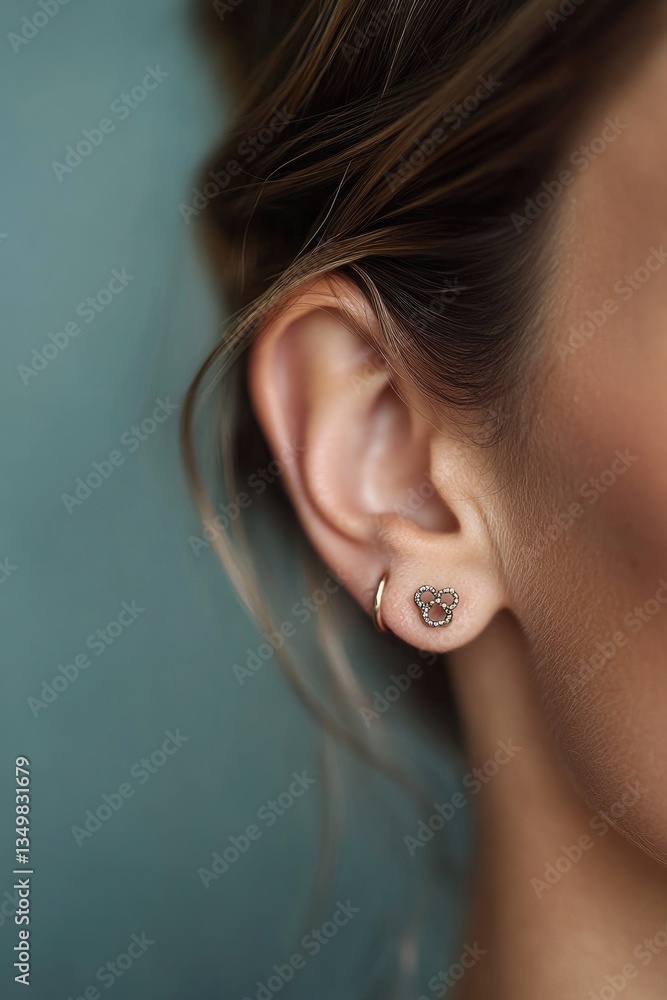 close-up of single elegantly designed ear piercing on plain background close-up of single elegantly designed ear piercing on plain background