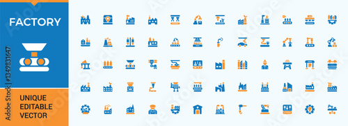 Factory colorful solid icon. Includes flat solid symbols process, product, manufacturing, machinery, conveyor, industrial and more. Flat UI icons. Machine icon set in filled style.