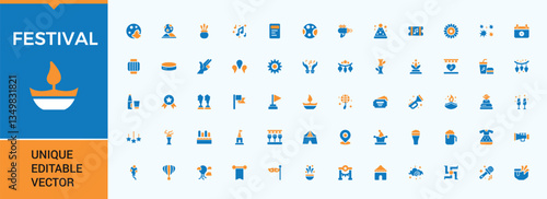 Festival colorful icon pack. Containing decoration, celebration, event, day, entertainment and more. Minimal icons pack. Celebration icon. Editable vector art and illustration.