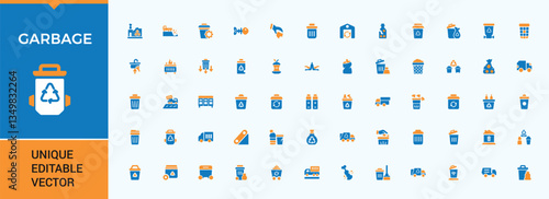 Garbage colorful icon collection. Contains such icons as dustbin, pollution, waste, trash, recycling and more. Waste filled icon collection. Vector illustration in modern solid style.