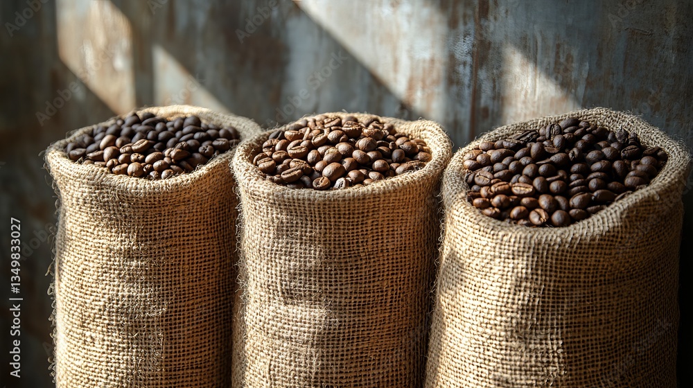 Fresh Coffee Beans in Sacks, Casting Shadows on the Rustic Surface, Evoking the Aroma of a Rich Brew Fresh Coffee Beans in Sacks, Casting Shadows on the Rustic Surface, Evoking the Aroma of a Rich Brew