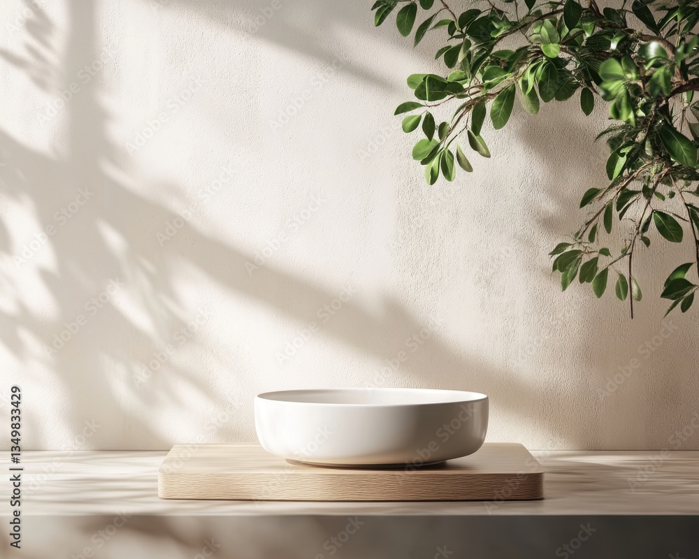 Minimalist Serenity: A pristine, modern bowl rests on a wooden podium, bathed in soft natural light under the gentle shade of leafy branches, exuding a sense of tranquility and simple elegance. Minimalist Serenity: A pristine, modern bowl rests on a wooden podium, bathed in soft natural light under the gentle shade of leafy branches, exuding a sense of tranquility and simple elegance.