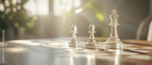 set of glass chess pieces illuminated by natural light creates serene atmosphere, showcasing intricate details of king and pawns on wooden chessboard