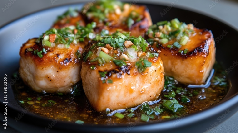 Golden-brown, savory, seared, Asian-style tofu bites Golden-brown, savory, seared, Asian-style tofu bites