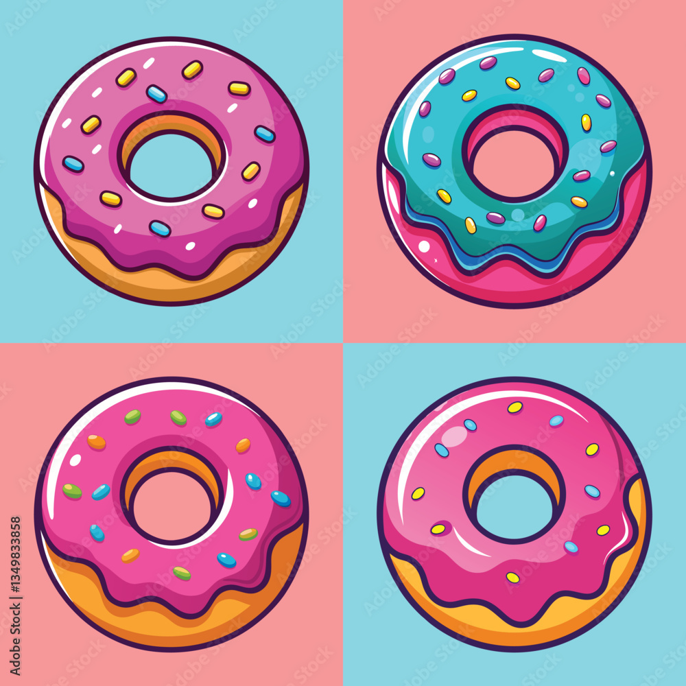 Fototapeta premium Set of Colorful Cartoon Donuts with Frosting and Sprinkles - A collection of four vibrant and playful cartoon donut illustrations with pink and blue frosting, topped with colorful sprinkles. 