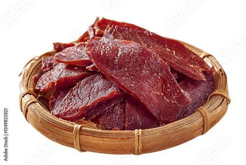 Savory Dried Meat in Basket: Close-up shot of delicious dried meat slices artfully arranged in a natural woven basket, offering a tantalizing glimpse of gourmet cuisine.