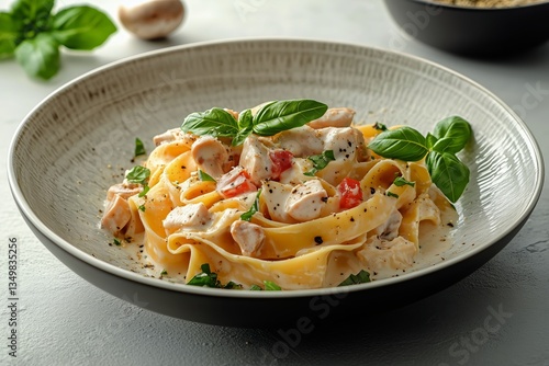 Delicious Pasta With Chicken, Mushrooms, and Tomatoes Garnished With Fresh Ba...