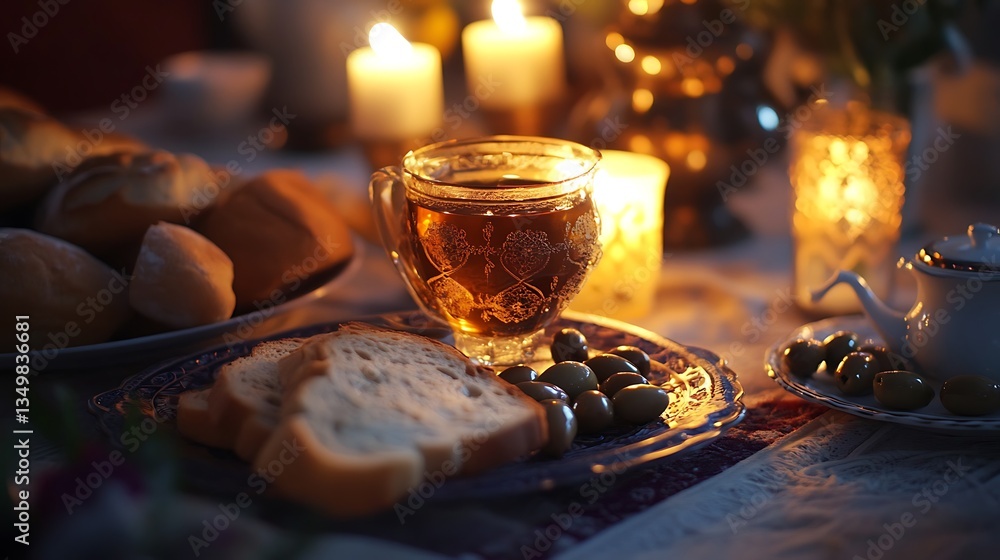 Evening Tea with Bread and Olives; Warm, Cozy Atmosphere; Suitable for Restaurant or Home Setting Evening Tea with Bread and Olives; Warm, Cozy Atmosphere; Suitable for Restaurant or Home Setting