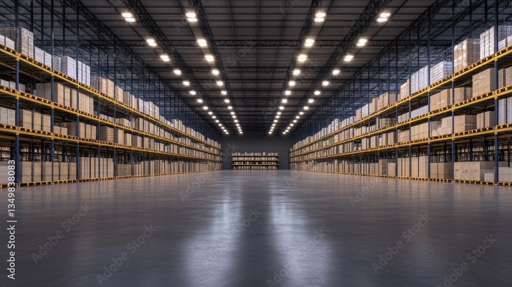 Vast Warehouse Interior: Rows of Pallets, Industrial Architecture, Logistics Center Vast Warehouse Interior: Rows of Pallets, Industrial Architecture, Logistics Center